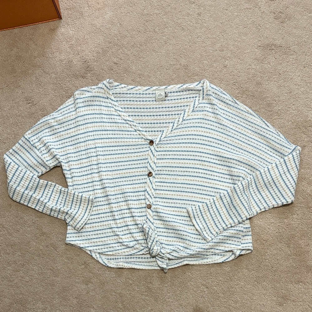Paper Crane Blue and White Striped Button-Down Waffle Knit Sweater Size Small
